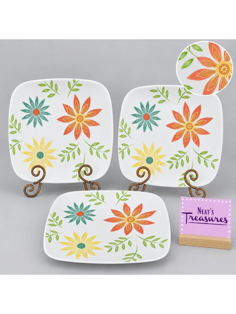 Corelle HAPPY DAYS Break Chip Resistant Muli Floral Square Dinner Plates Set 3